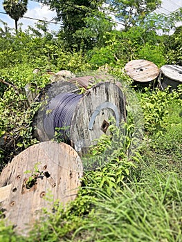 Old wooden cable spools