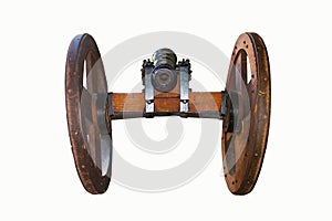 Old wooden cannon on wheels viewed from back isolated on white