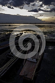 Old wooden canoe fishing boat