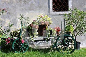 Old wooden cart with colorful flowers