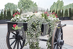 Old wooden cart full colorful flowers with flower text