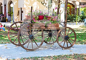 Old wooden cart with pink petunia colorful flowers