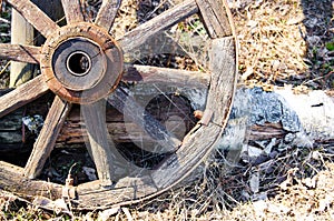 Old wooden cart wheel. The concept of outdated technologies, ecotourism