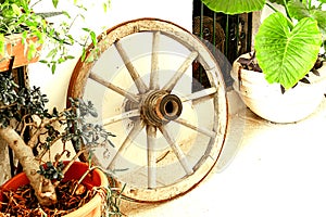 An old wooden cart wheel next to the wall of a building in a manor house in Zichron Yaakov, Israel.