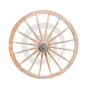 Old wooden cartwheel isolated on white