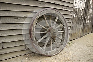 Old wooden cartwheel. Museum Sovereign Hill - Ballarat, Victoria, Australia