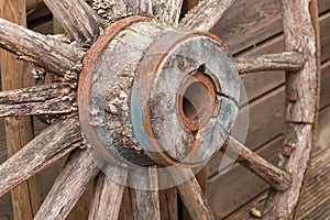 Old wooden cartwheels used for decorations