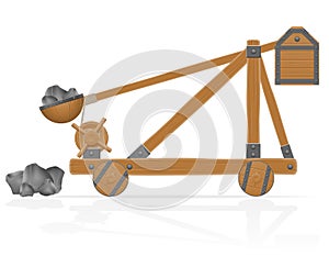 Old wooden catapult loaded stones vector illustration