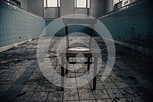 Old wooden chair in an abandoned pool. Old broken furniture.