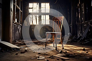 An old wooden chair in an abandoned room. Backlight