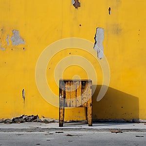 Old wooden chair in front of a yellow wall with copy space