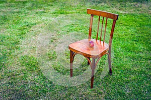 An Old Wooden Chair on the Green Lawn with Two Ripe Red Apples on the Seat. Copy Space