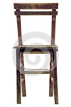 Wooden chair isolated on white. Front view. Old fashioned, obsolete chair. photo