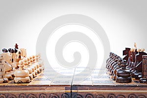 Old wooden Chess Game lineup, copy space