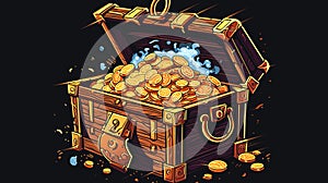 Old wooden chest with coins, generative AI.