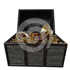 An old wooden chest filled with treasure isolated on a white background