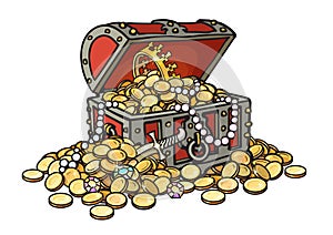Old wooden chest full of golden coins and jewelry. Pirate treasure, diamonds, pearls, crown, dagger. Hand drawn cartoon