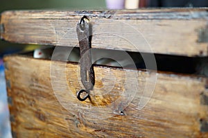 Old wooden chest keyhole ajar