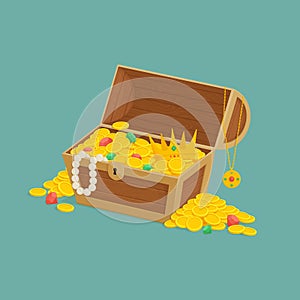 Old wooden chest with open lid full of gold with piles of coins, gemstones, pearl necklace and a golden crown. Pirate treasure,