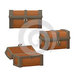 Old wooden chest with opened and closed lid.  Pirate treasure. Vintage trunk.Cartoon style illustration.