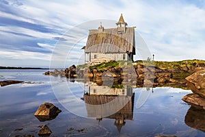 Old wooden Church built for the filming of `The Island` in the White sea, Rabocheostrovsk, Karelia,