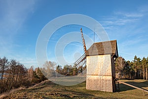 Old wooden church or chapel. Traditional old polish countryside wooden buildings. Open-air ethnographic museum in Dziekanowice, Po