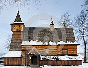 Old Wooden Church in Debno, Poland, on winter