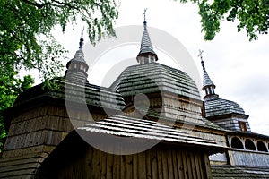 Old wooden church filmed on a bright sunny day