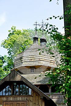 Old wooden church filmed on a bright sunny day