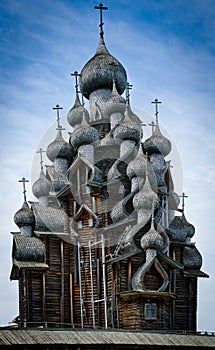 Old wooden church in kizhi with many domes