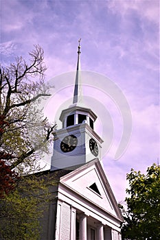 Old wooden church and steeple, located in Town of Groton, Middlesex County, Massachusetts, United States