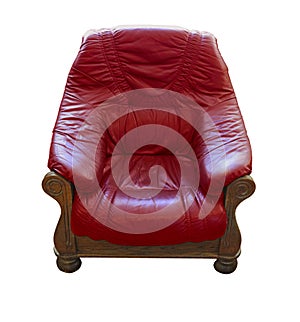 Old wooden classic leather red armchair isolated on white background
