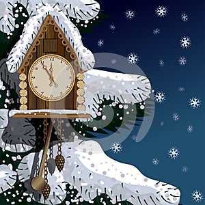 Old wooden clock with fir tree and snow