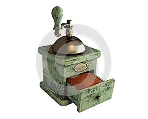 Old wooden coffee mill on a white background.