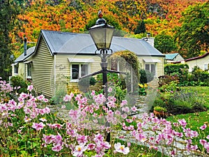 Old wooden cottage with a vintage street light and large flowerbed on the foreground and autumn coloured trees on the background