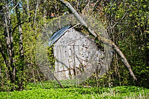 old wooden countryside toilet house with heart shaped hole in th