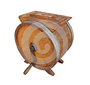 Old wooden crank butter churn isolated