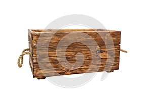 Old wooden crate, rope handles. isolated on white background.