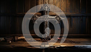 Old wooden cross symbolizes spirituality and forgiveness in Christianity generated by AI