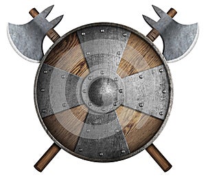 Old wooden crusader`s shield and two crossed axes isolated 3d illustration