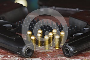 Old wooden destroyed bridge on the river.