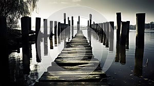 Old wooden dock on a tranquil body of water, extending out into the horizon. AI-generated.