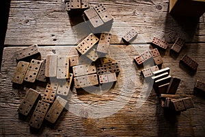 Old wooden domino game on wooden table