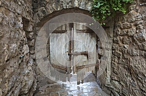 Old wooden door of an ancient castle in a stone wall