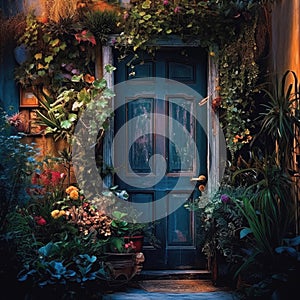 Old wooden door of a brick house decorated with plants, window,house,background, AI generated