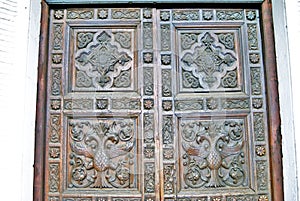 Old wooden door of the Chapel of Alexander Nevsky in Yaroslavl, Russia