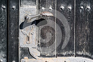 Old wooden door close-up, rusty lock, concept , background