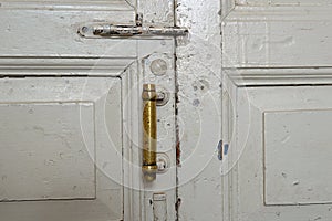 Old door, pen, vintage, paint, white, wallpaper, bolt, copper handle, valve, house, room, wooden