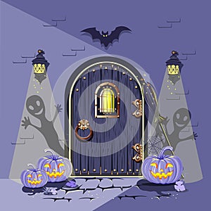 Old wooden door is decorated for Halloween