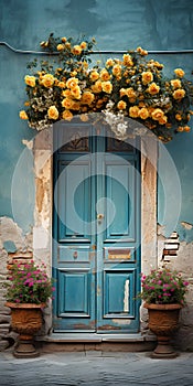 old wooden door with flowers